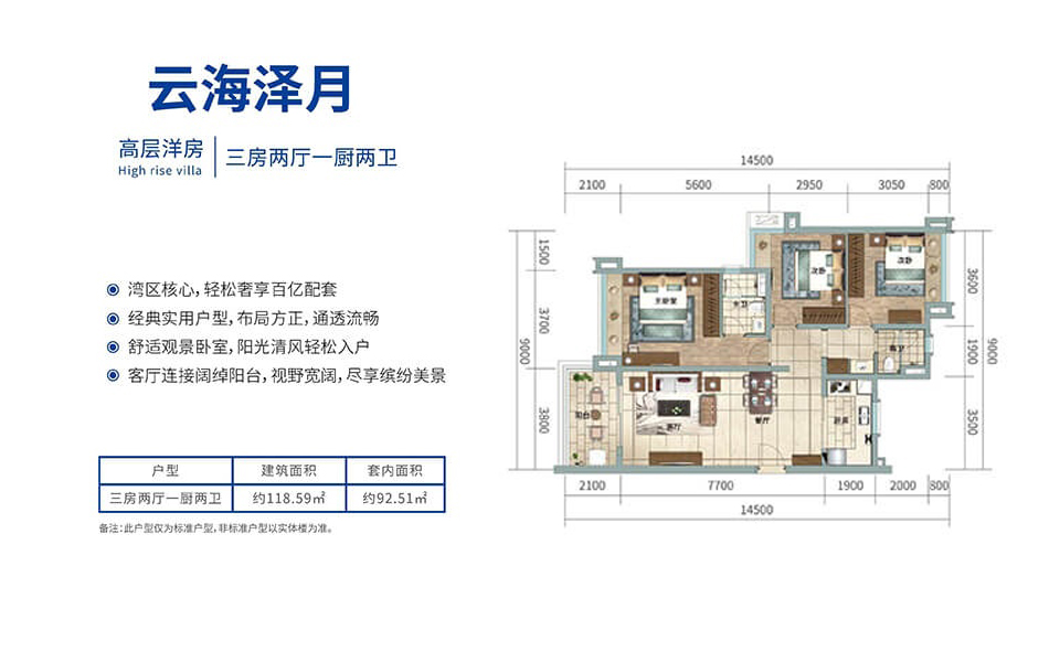 高层 三房两厅一厨两卫 
