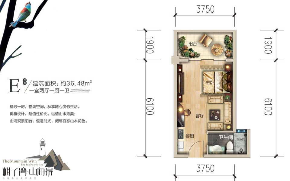 E户型 1室2厅1厨1卫 建面约36.48m&sup2;