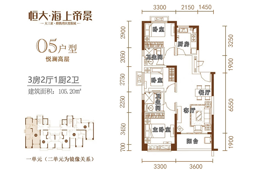 14号楼05户型 3房2厅1厨2卫 105.20㎡