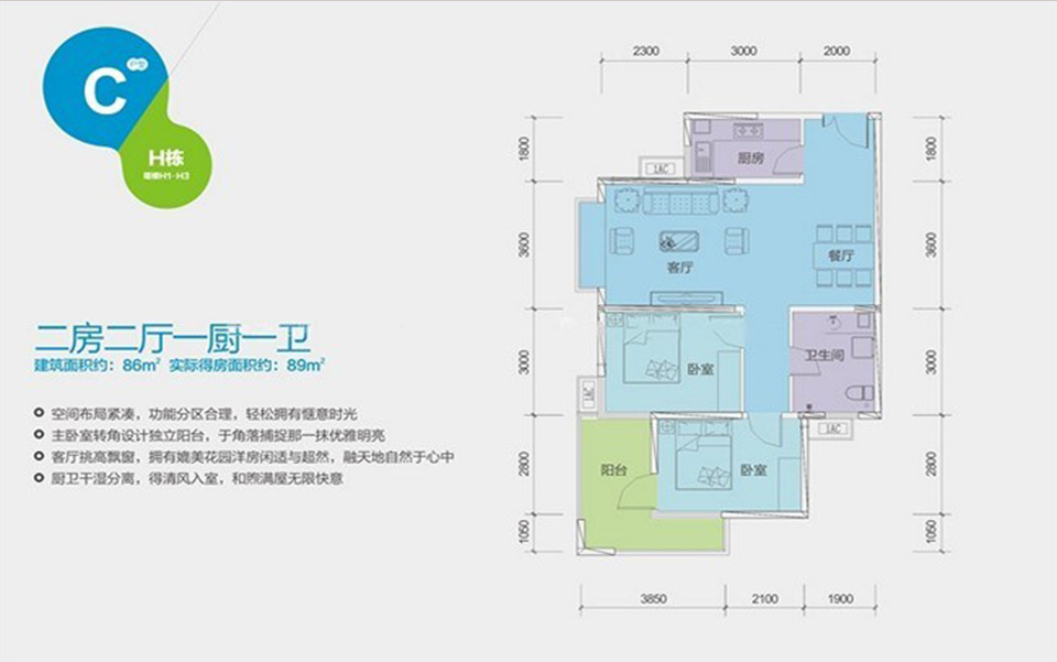 温泉小镇H栋C户型2室2厅1卫1厨86.00 m2