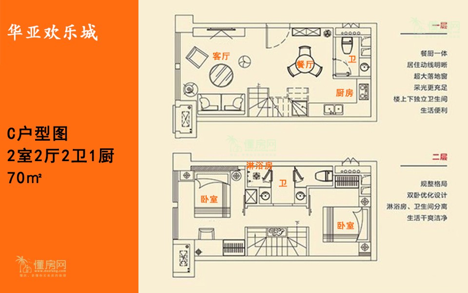 C户型图 2室2厅2卫1厨 