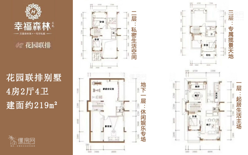 花园联排别墅 4房2厅4卫 建面约219m&sup2;