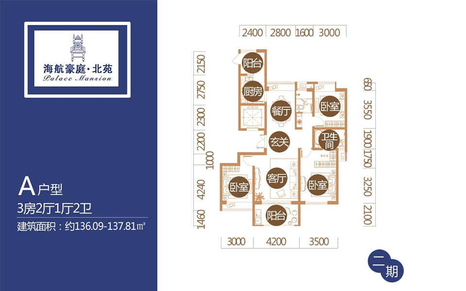 二期北苑A户型 3房2厅2卫1厨 136.09—137.81㎡