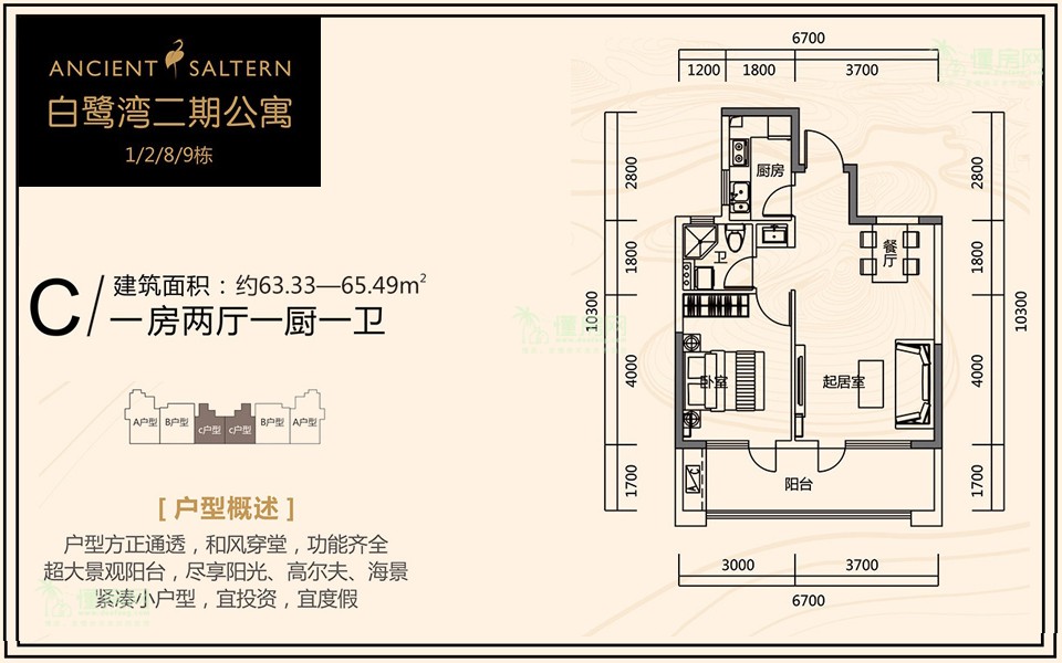 二期公寓C户型 1室2厅1卫 
