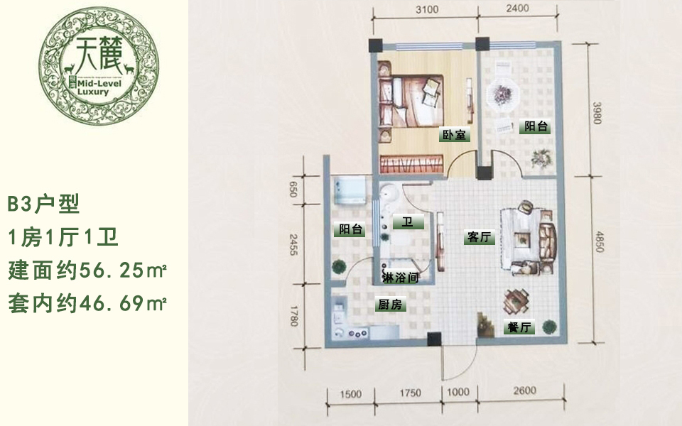 B3户型 1房1厅 建面约56.25m&sup2;
