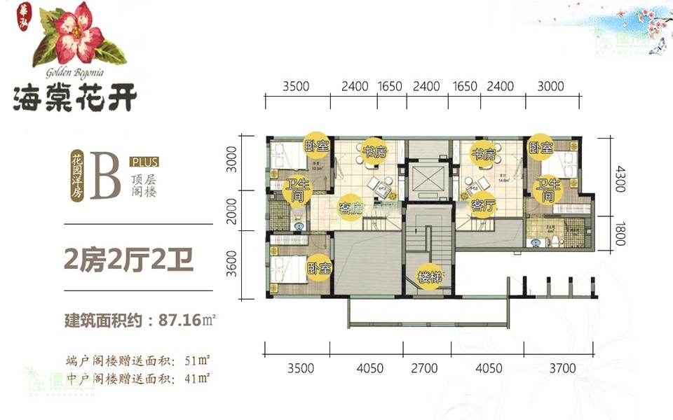 花园洋房B户型 顶层阁楼 2房2厅1厨2卫 86.68㎡