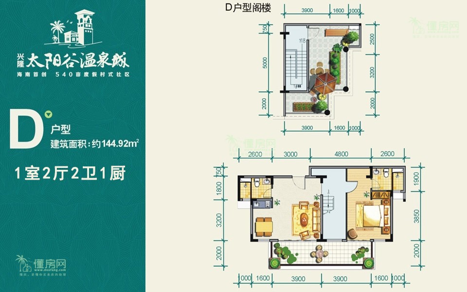 金手指太阳谷温泉城D户型 1室2厅2卫1厨  建筑面积144.92㎡