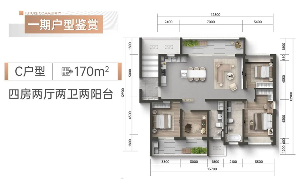 一期C户型 4房2厅2卫