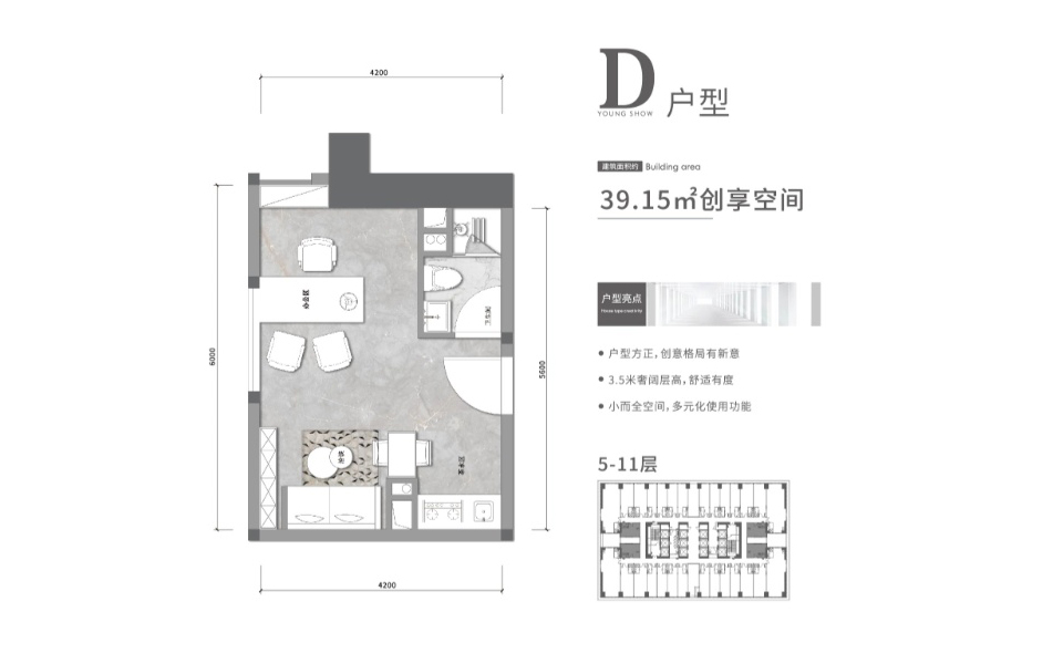 D户型 一房一厅一卫 