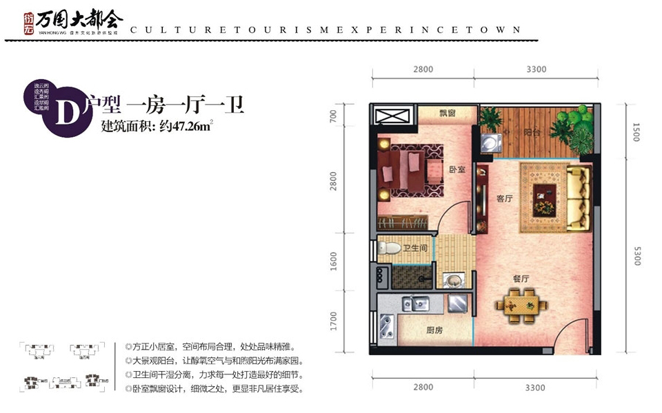 D户型 1房1厅1卫 建面约47.26m&sup2;