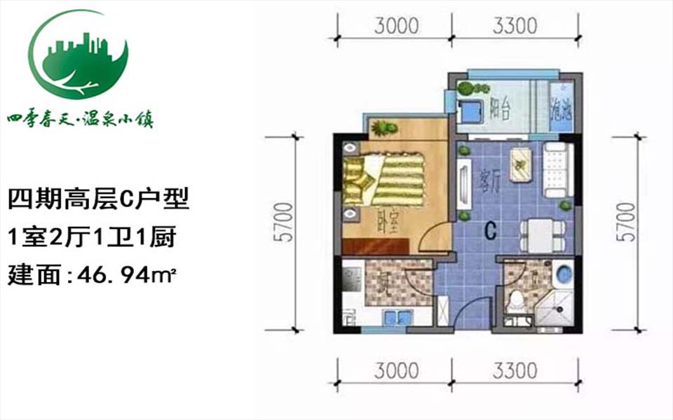 四期高层C户型图 1室2厅1卫1厨 建筑面积46.94㎡
