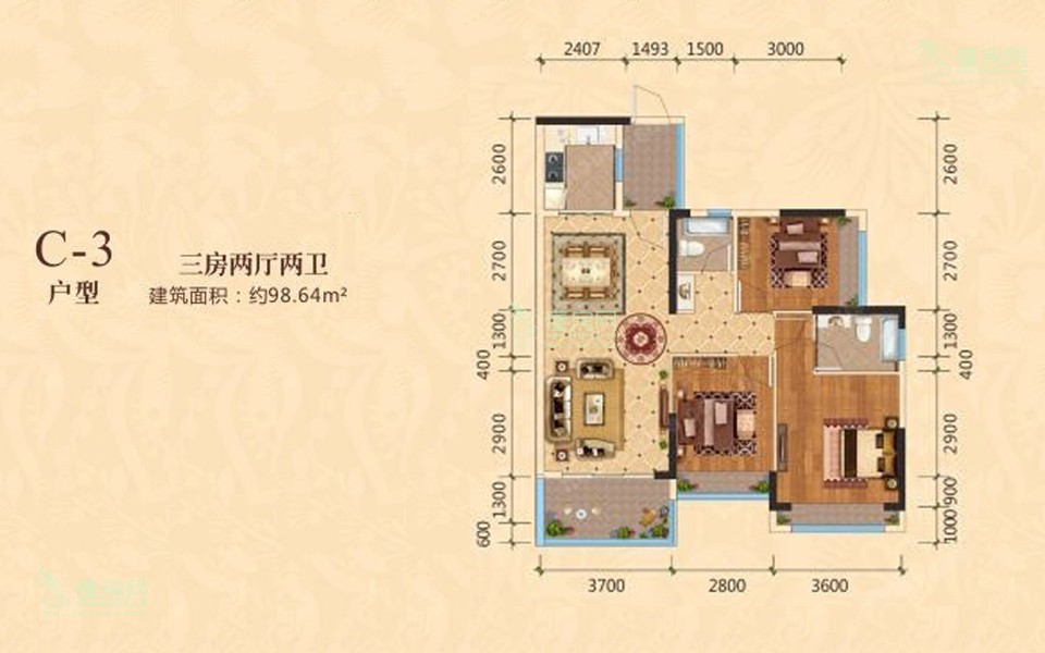 C-3户型图 3室2厅2卫  建筑面积98.64㎡