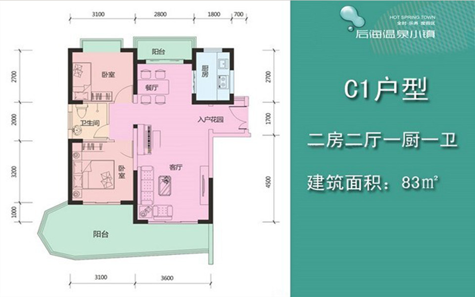 温泉小镇C1户型2室2厅1卫1厨83.00 m2