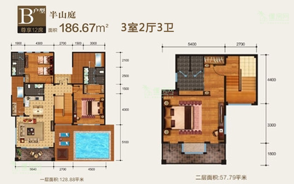 半山庭B户型 3室2厅3卫 建面约186.67m&sup2;