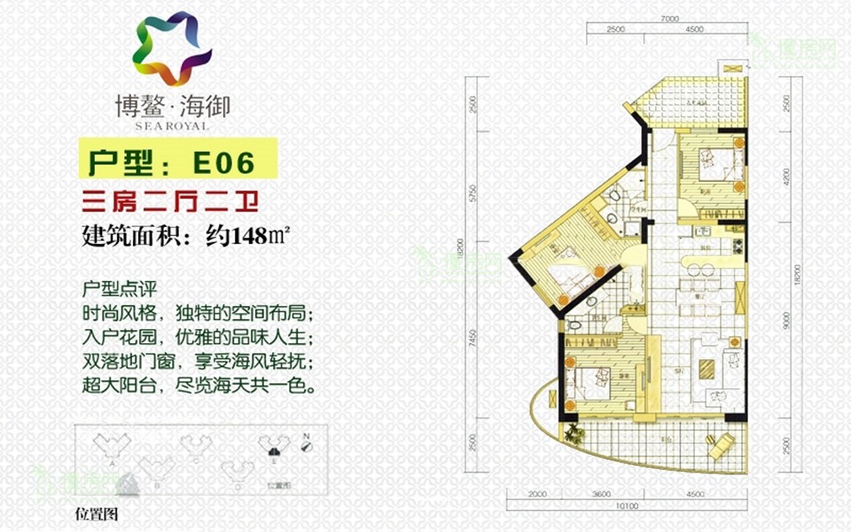 E6户型 3房2厅1厨2卫 约148㎡