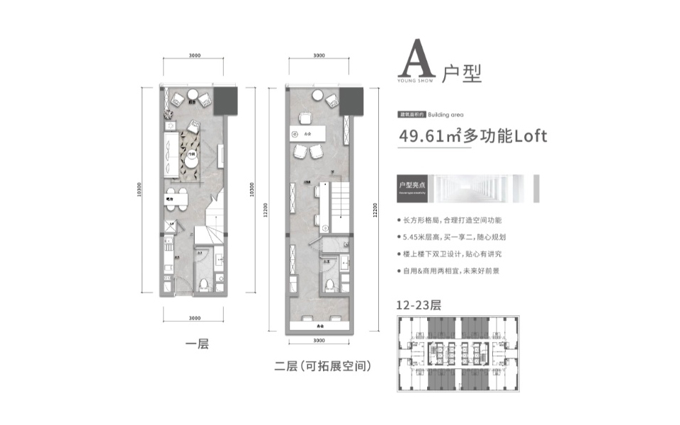 loftA户型 一房一厅两卫