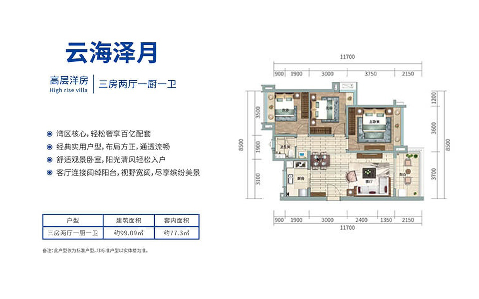 高层洋房 三房两厅一厨一卫