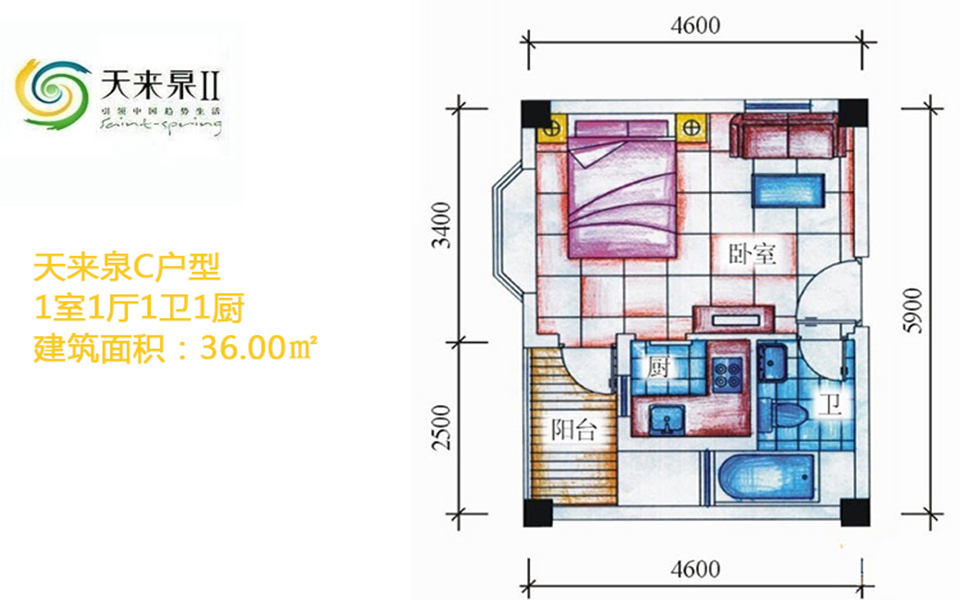 天来泉C户型 1室1厅1卫1厨  建筑面积36.00㎡