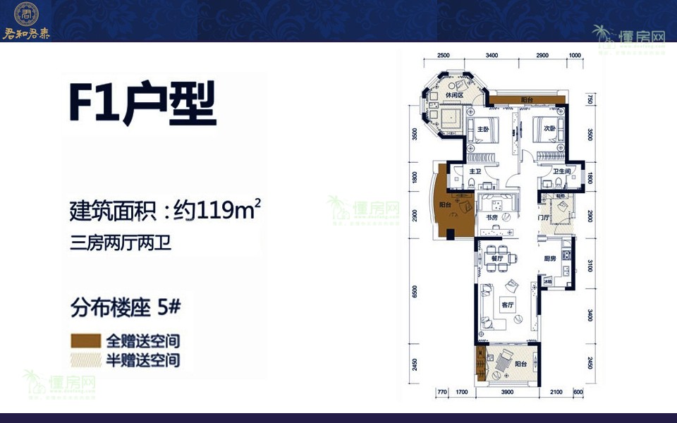 F1户型 3房2厅1厨2卫