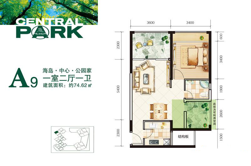 中央公园A9户型 1室2厅1卫1厨