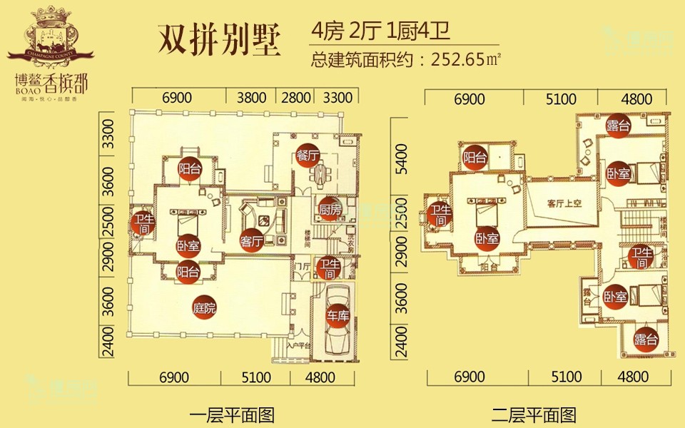 双拼别墅B户型 4房2厅1厨4卫 252.65㎡