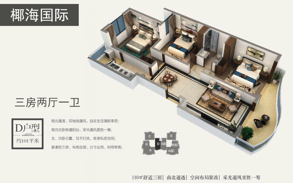 D户型 3房2厅1厨1卫 