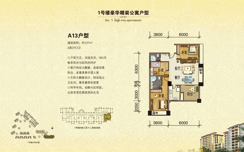 1号楼 A13户型 3房2厅2卫 建面约127m&sup2;