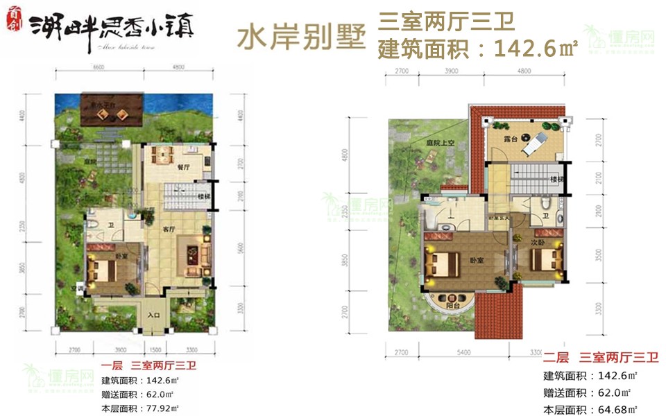 首创湖畔思香小镇 水岸别墅 三室两厅三卫 建筑面积：142.6㎡