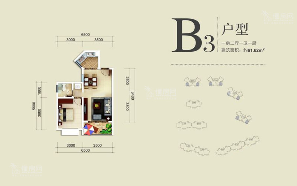 三期海棠园B3户型 1房2厅1卫1厨 61.62㎡