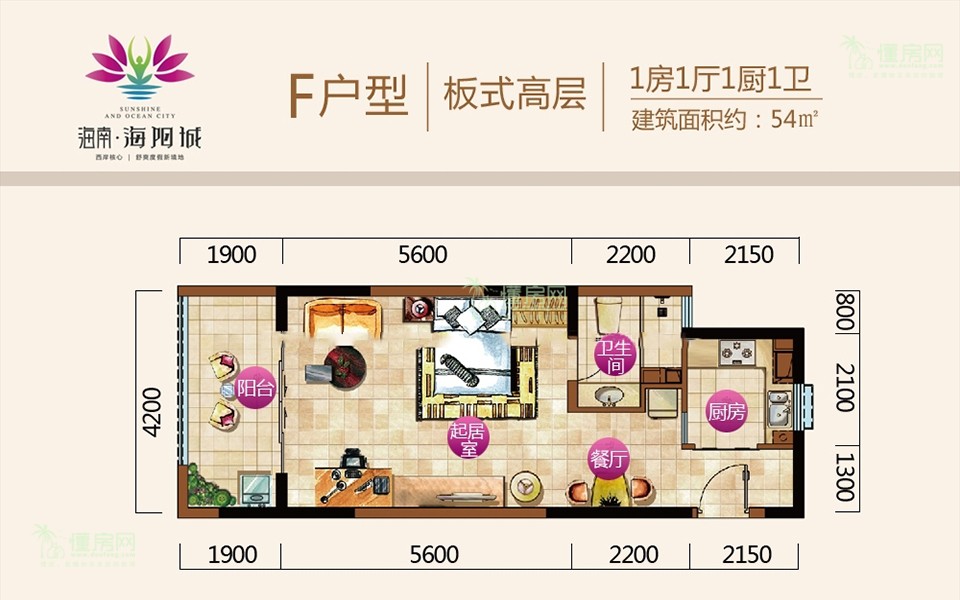 6#板式高层F户型 1房1厅1厨1卫 54㎡