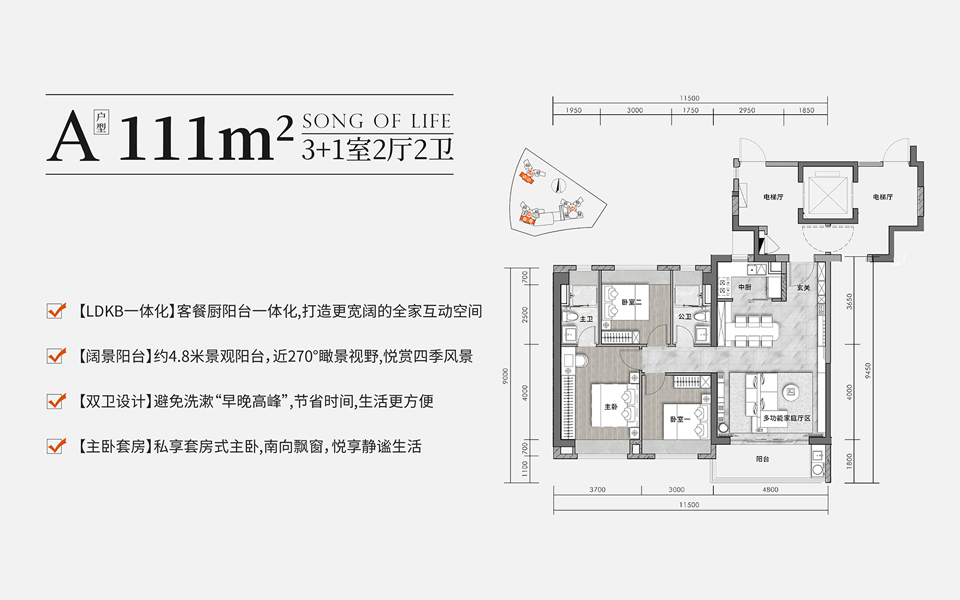 A户型 3+1室2厅2卫 建面111平