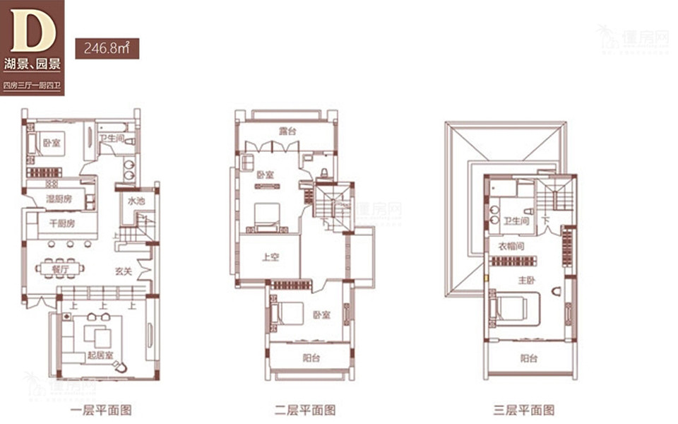 别墅D户型图 4室3厅4卫1厨 建筑面积246.8㎡