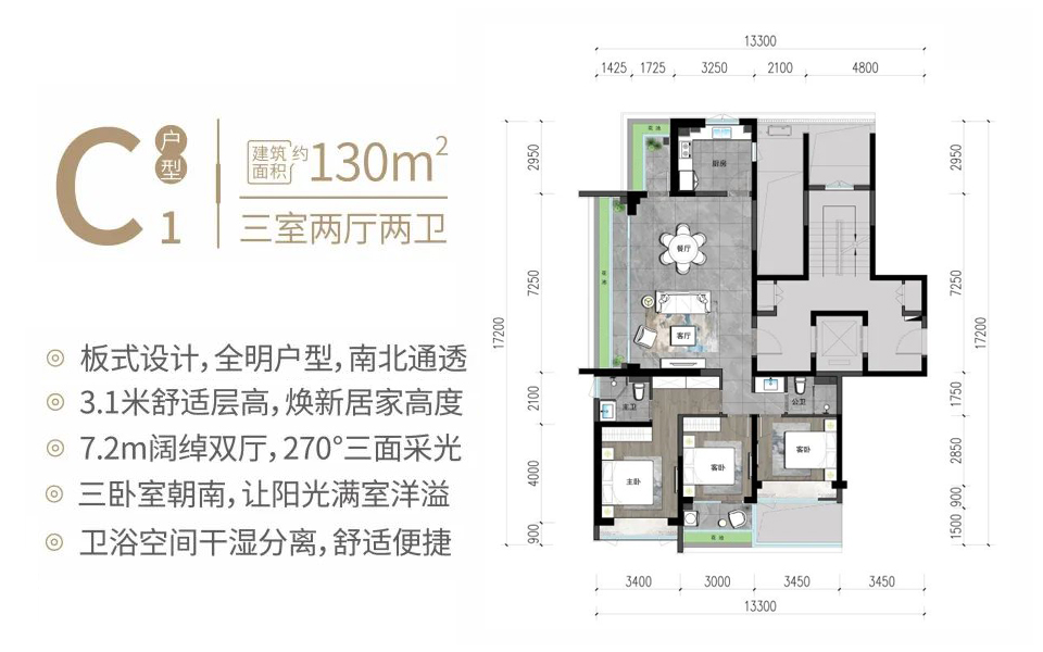 C1户型3房2厅130㎡