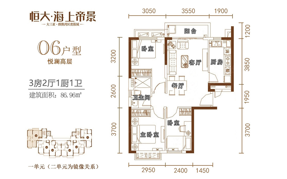 16号楼06户型 3房2厅1厨1卫 86.96㎡