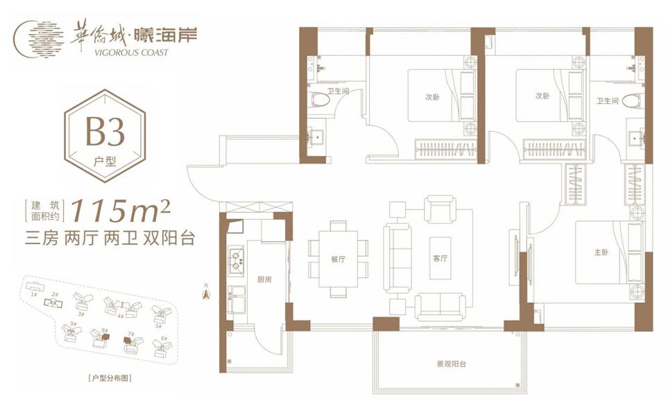 二区B3户型 3房2厅2卫2阳台