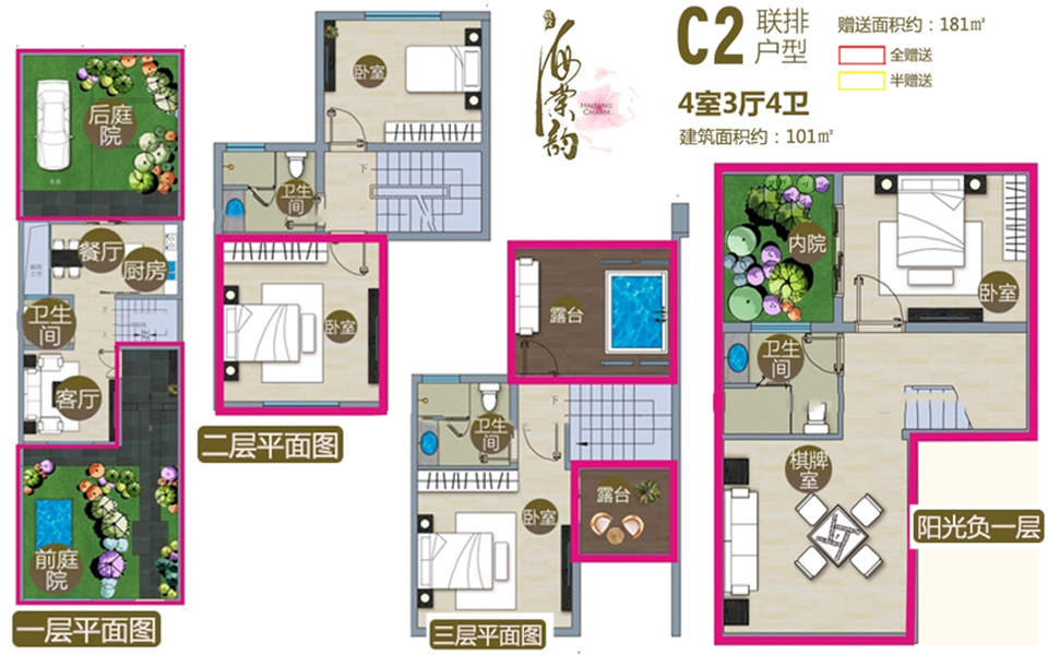 联排别墅C2户型  4房3厅1厨4卫 101㎡