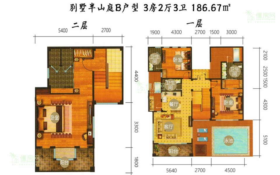 别墅半山庭B户型 3房2厅3卫 186.67㎡