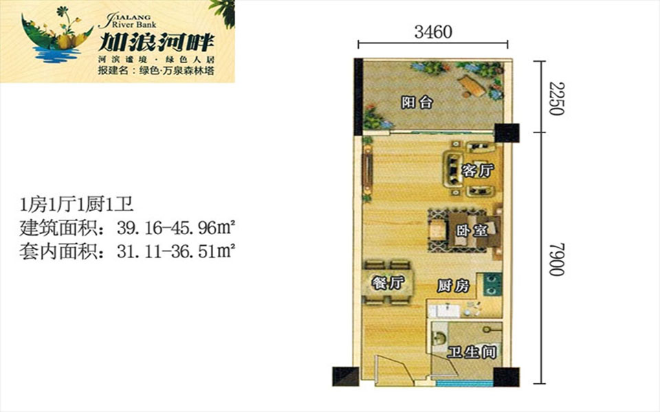 1房1厅1厨1卫 39.16-45.96㎡
