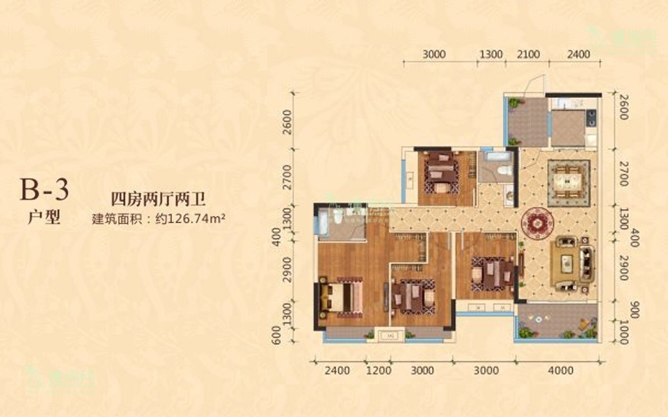 B-3户型图 4室2厅2卫1厨  建筑面积126.74㎡