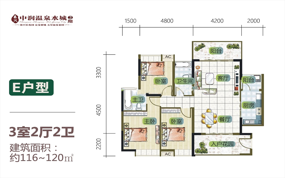 二期E户型 3房2厅1厨2卫 116-120㎡