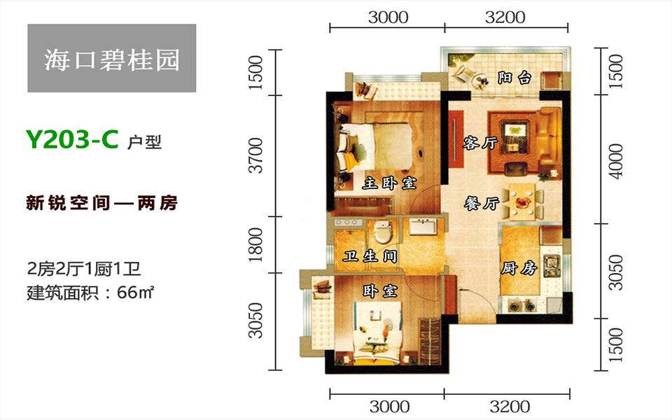 Y203-C户型 2房2厅1厨1卫 