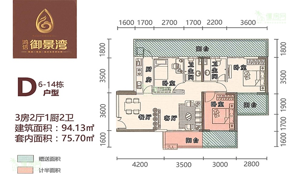 （在售）D户型 3房2厅1厨2卫 94.13㎡