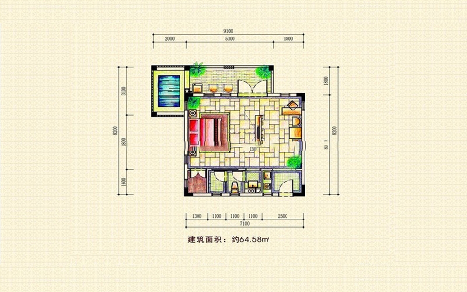 2-6栋H户型 1房2厅1厨1卫 64㎡