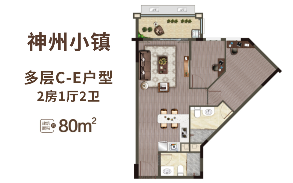 神州小镇 多层C-E户型 2房1厅2卫