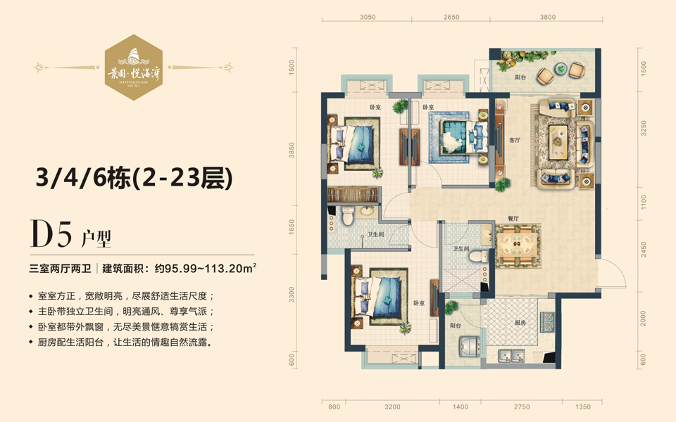 D5户型 3、4、6栋 三室两厅两卫