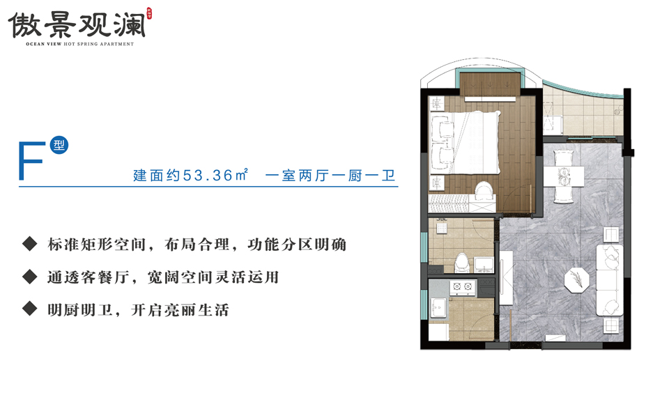 傲景观澜F户型 一室两厅一厨一卫