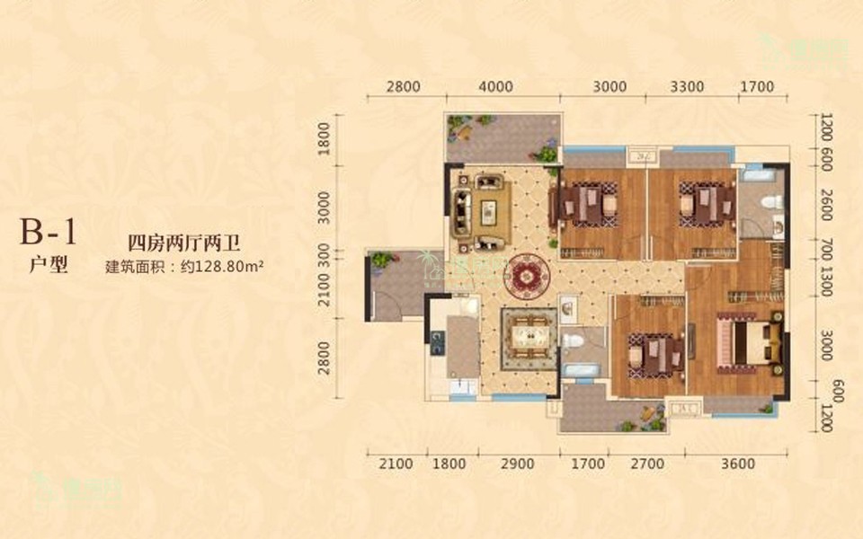B-1户型图 4室2厅2卫1厨  建筑面积128.80㎡