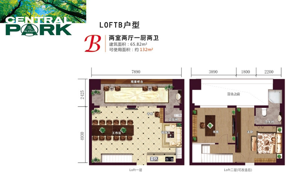 中央公园loft B户型图 2室2厅2卫1厨