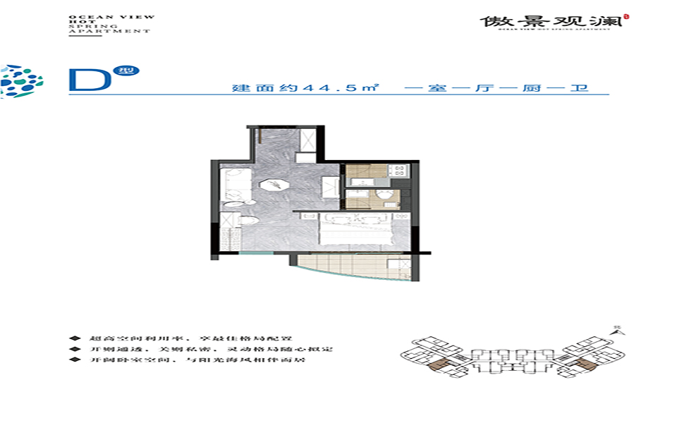 D户型 1房1厅1厨1卫  44.5㎡