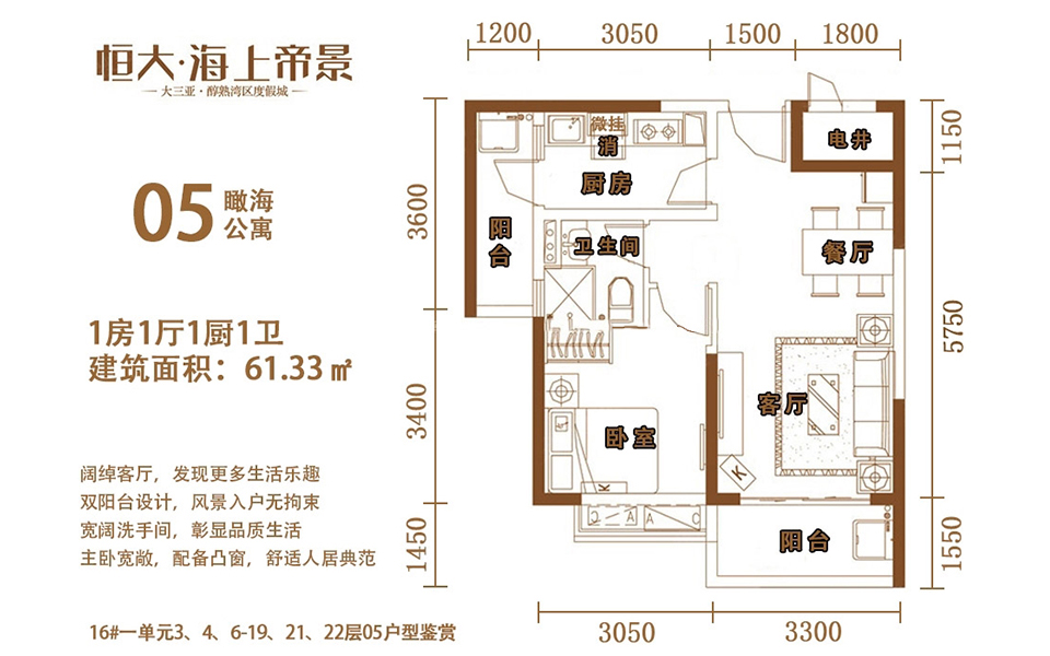 16号楼05户型 1房1厅1厨1卫 61.33㎡
